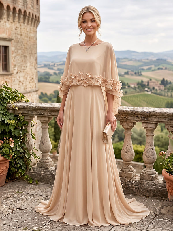 A-Line/Princess Scoop Neck Chiffon Maxi Mother of the Bride & Groom Dresses with 3D Flowers, Sweep Train & Pleats