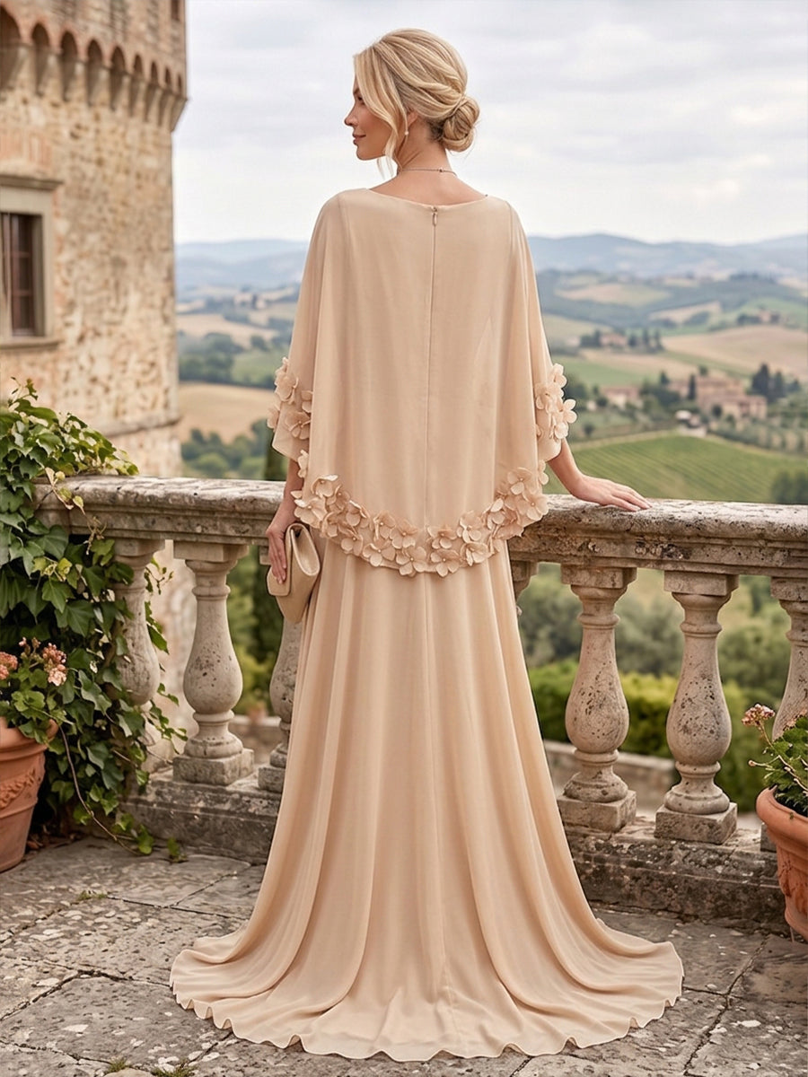 A-Line/Princess Scoop Neck Chiffon Maxi Mother of the Bride & Groom Dresses with 3D Flowers, Sweep Train & Pleats