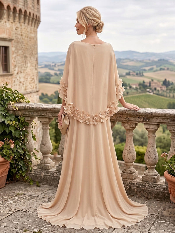 A-Line/Princess Scoop Neck Chiffon Maxi Mother of the Bride & Groom Dresses with 3D Flowers, Sweep Train & Pleats