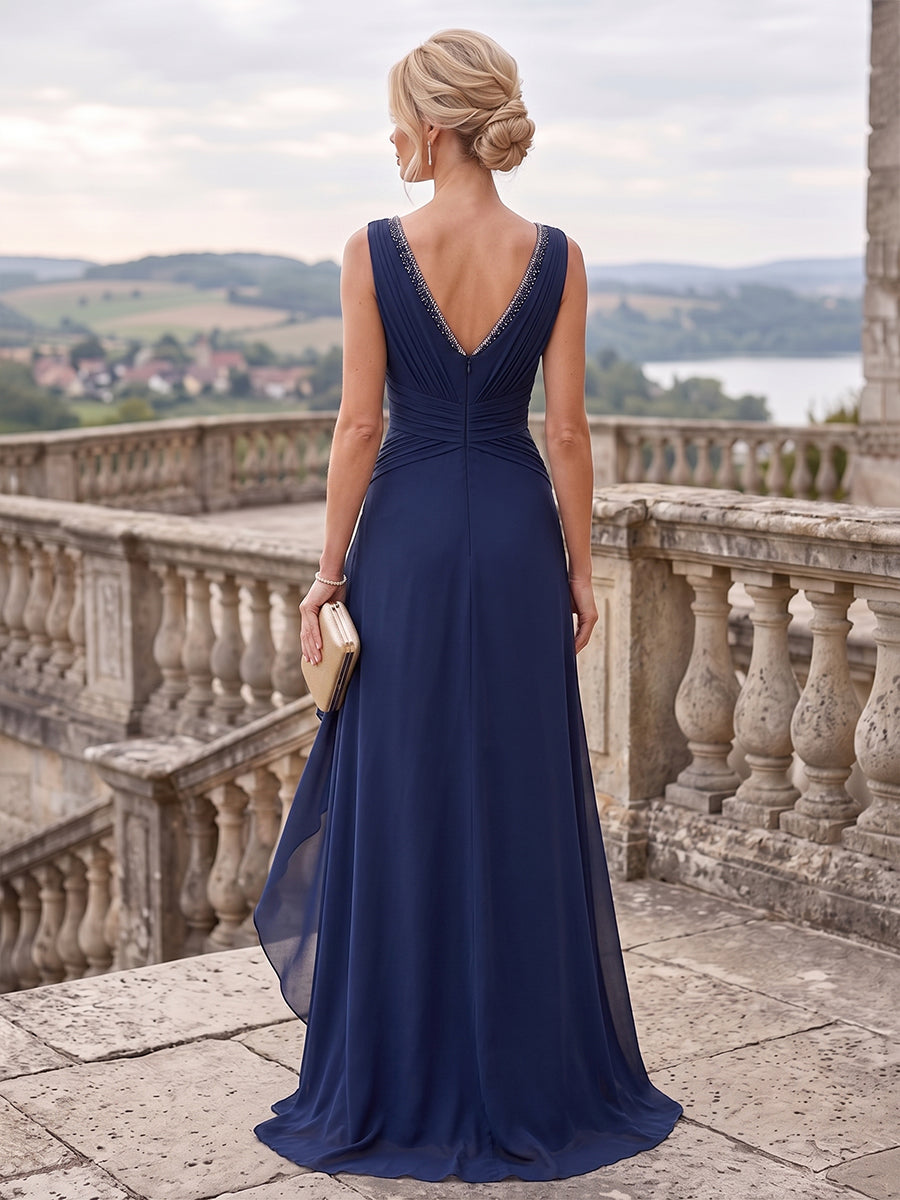 A-Line/Princess V-Neck Chiffon Maxi Mother of the Bride & Groom Dresses with Ruffles, Slit, Ruched Waist & Rhinestones
