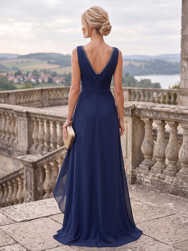 A-Line/Princess V-Neck Chiffon Maxi Mother of the Bride & Groom Dresses with Ruffles, Slit, Ruched Waist & Rhinestones