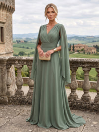 A-Line/Princess V-Neck Chiffon Maxi Mother of the Bride & Groom Dresses with Side Sash, Sweep Train & Ruched Bodice