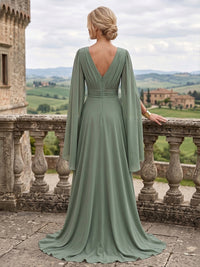 A-Line/Princess V-Neck Chiffon Maxi Mother of the Bride & Groom Dresses with Side Sash, Sweep Train & Ruched Bodice