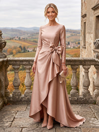 A-Line/Princess Scoop Neck Satin High-Low Mother of the Bride & Groom Dresses with Ruffles & Bow