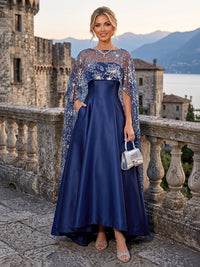 A-Line/Princess Scoop Neck Satin High-Low Mother of the Bride & Groom Dresses with Sequin Floral & Pleats