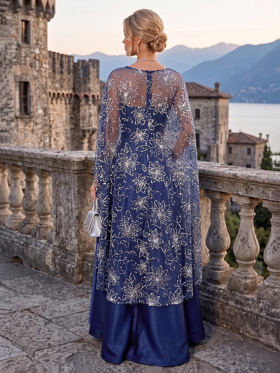 A-Line/Princess Scoop Neck Satin High-Low Mother of the Bride & Groom Dresses with Sequin Floral & Pleats