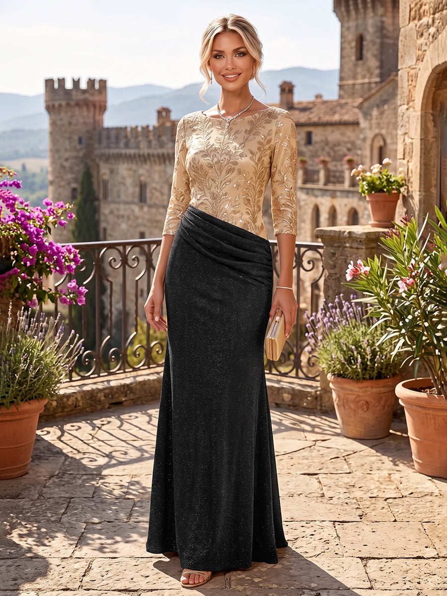 Sheath/Column Scoop Neck Lace Appliques Maxi Mother of the Bride & Groom Dresses with Ruched Waist & Sequin