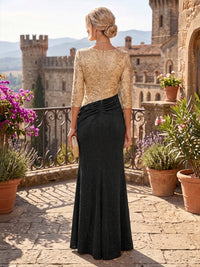 Sheath/Column Scoop Neck Lace Appliques Maxi Mother of the Bride & Groom Dresses with Ruched Waist & Sequin