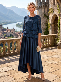 A-Line/Princess Scoop Neck Satin High-Low Mother of the Bride & Groom Dresses with Lace Appliques, Ruffles & Pleats