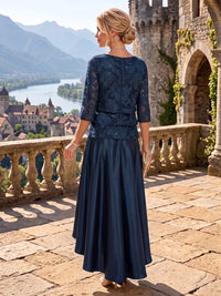 A-Line/Princess Scoop Neck Satin High-Low Mother of the Bride & Groom Dresses with Lace Appliques, Ruffles & Pleats