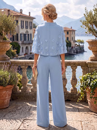Jumpsuit Scoop Neck Chiffon Maxi Mother of the Bride Pantsuits with 3D Flowers & Bow