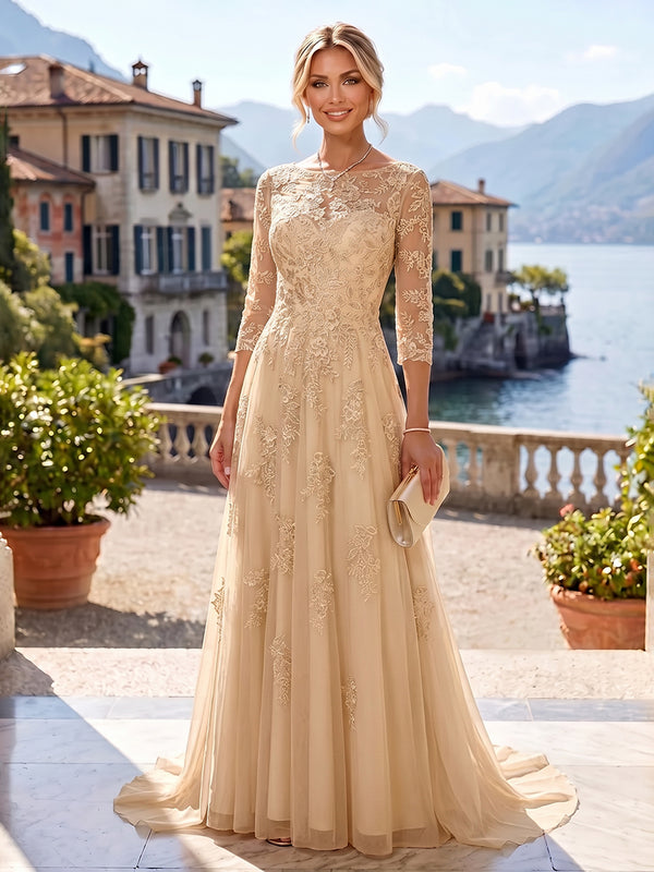 A-Line/Princess Scoop Neck Chiffon Maxi Mother of the Bride & Groom Dresses with Lace Appliques, Sweep Train & Pleats