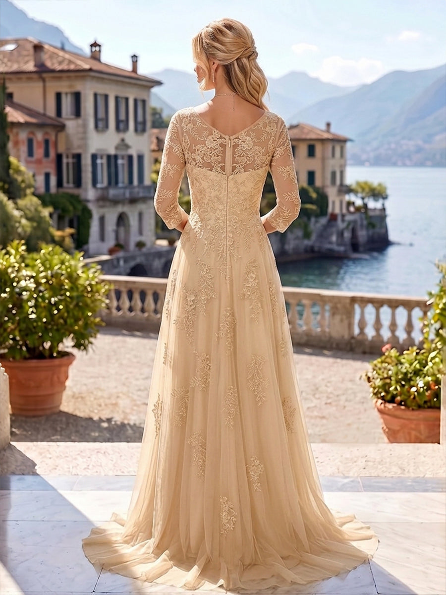 A-Line/Princess Scoop Neck Chiffon Maxi Mother of the Bride & Groom Dresses with Lace Appliques, Sweep Train & Pleats