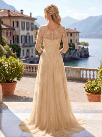 A-Line/Princess Scoop Neck Chiffon Maxi Mother of the Bride & Groom Dresses with Lace Appliques, Sweep Train & Pleats