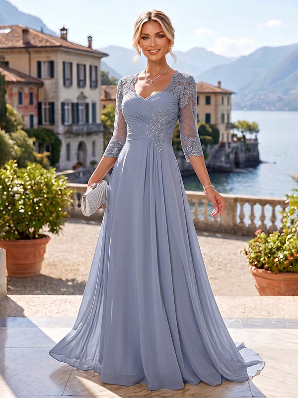A-Line/Princess Sweetheart Chiffon Maxi Mother of the Bride & Groom Dresses with Lace Appliques & Ruched Bodice