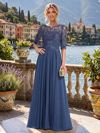 A-Line/Princess Scoop Neck Chiffon Maxi Mother of the Bride & Groom Dresses with Lace Appliques & Pleats