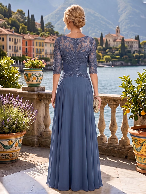 A-Line/Princess Scoop Neck Chiffon Maxi Mother of the Bride & Groom Dresses with Lace Appliques & Pleats
