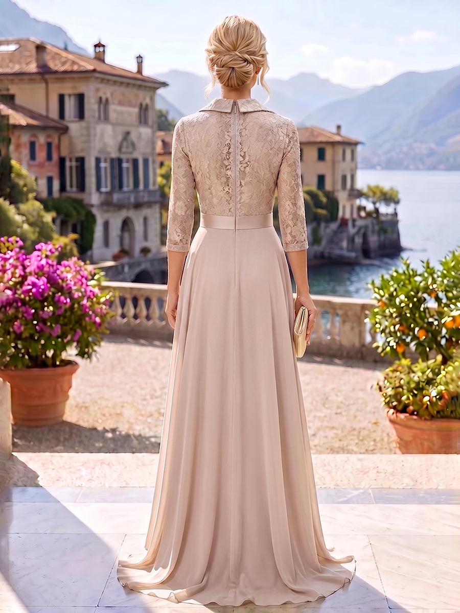 A-Line/Princess V-Neck Chiffon Maxi Mother of the Bride & Groom Dresses with Lace Appliques, Sweep Train & Bow