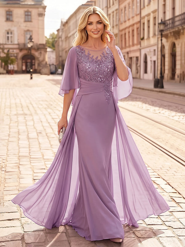 Sheath/Column Scoop Neck Chiffon Maxi Mother of the Bride & Groom Dresses with Lace Appliques, Sweep Train & Ruched Waist
