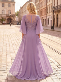 Sheath/Column Scoop Neck Chiffon Maxi Mother of the Bride & Groom Dresses with Lace Appliques, Sweep Train & Ruched Waist