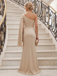 Sheath/Column Asymmetric Neck Satin Maxi Mother of the Bride & Groom Dresses with Side Sash, Slit & Ruched Waist