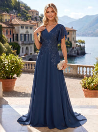 A-Line/Princess V-Neck Chiffon Maxi Mother of the Bride & Groom Dresses with Lace Appliques & Sweep Train
