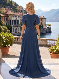 A-Line/Princess V-Neck Chiffon Maxi Mother of the Bride & Groom Dresses with Lace Appliques & Sweep Train