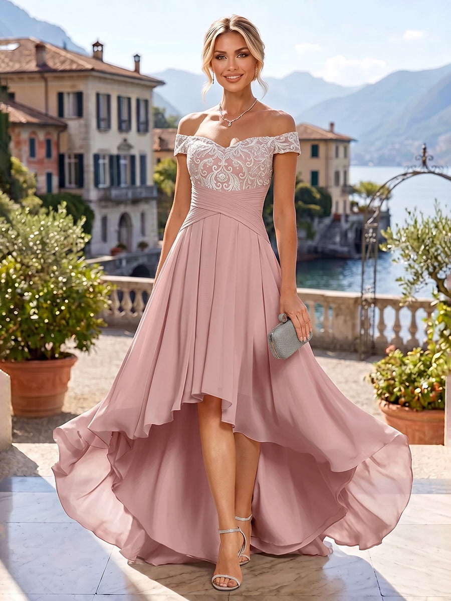 A-Line/Princess Off Shoulder Chiffon High-Low Mother of the Bride & Groom Dresses with Lace Appliques & Pleats