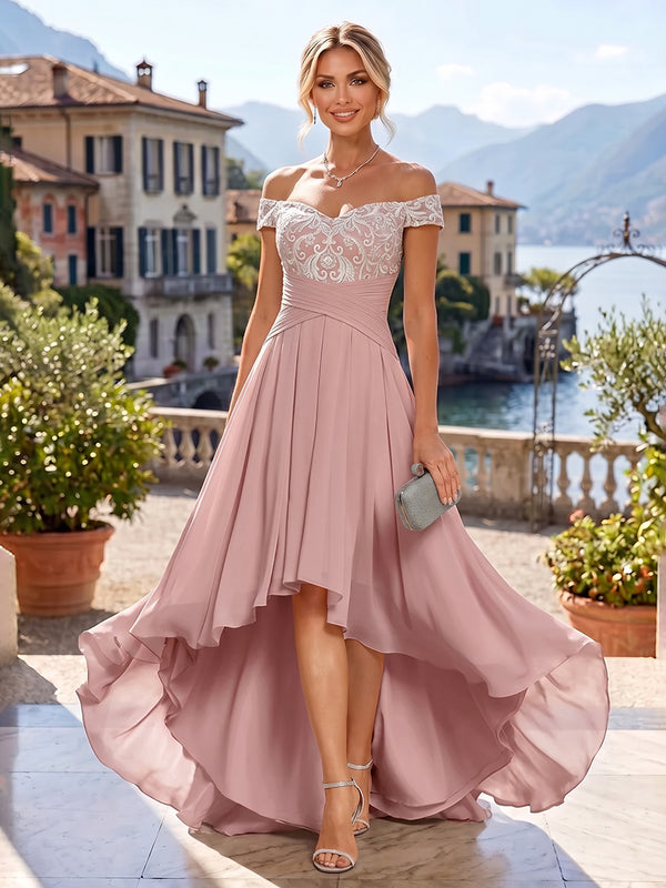 A-Line/Princess Off Shoulder Chiffon High-Low Mother of the Bride & Groom Dresses with Lace Appliques & Pleats