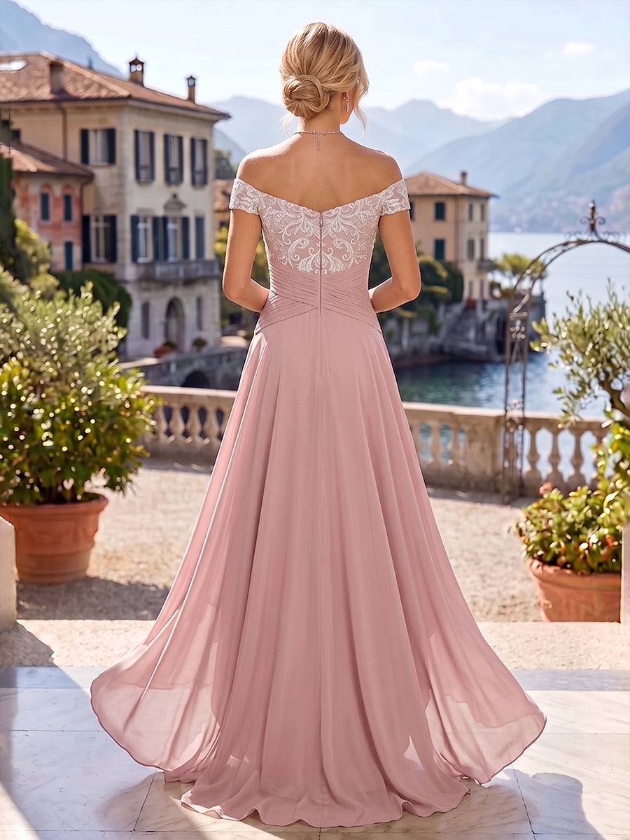 A-Line/Princess Off Shoulder Chiffon High-Low Mother of the Bride & Groom Dresses with Lace Appliques & Pleats