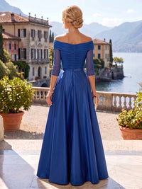 A-Line/Princess Off Shoulder Satin Maxi Mother of the Bride & Groom Dresses with Ruched Bodice, Belt, Rhinestone & Pleats