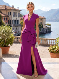 Sheath/Column V-Neck Stretch Jersey Maxi Mother of the Bride & Groom Dresses with Ruffles & Slit