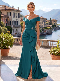 Mermaid/Trumpet Off Shoulder Stretch Jersey Floor-Length Mother of the Bride & Groom Dresses with Ruched Bodice, Ruffles, Rhinestone & Slit