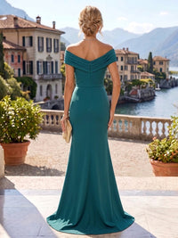 Mermaid/Trumpet Off Shoulder Stretch Jersey Floor-Length Mother of the Bride & Groom Dresses with Ruched Bodice, Ruffles, Rhinestone & Slit
