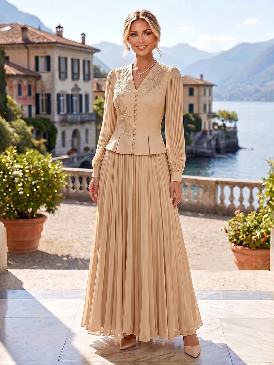 A-Line/Princess V-Neck Chiffon Maxi Mother of the Bride & Groom Dresses with Lace Appliques & Pleats