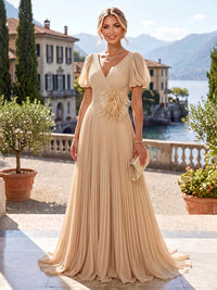 A-Line/Princess V-Neck Chiffon Maxi Mother of the Bride & Groom Dresses with Feather Trim & Pleats