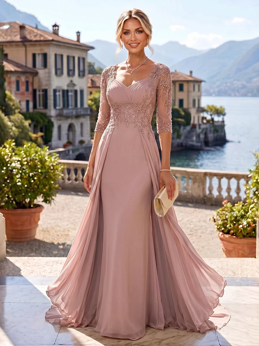 A-Line/Princess Sweetheart Chiffon Maxi Mother of the Bride & Groom Dresses with Lace Appliques & Sweep Train