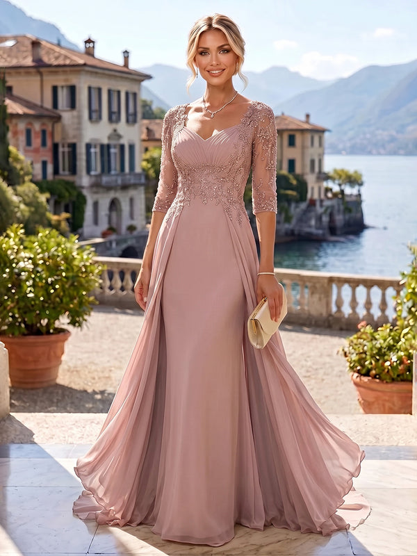 A-Line/Princess Sweetheart Chiffon Maxi Mother of the Bride & Groom Dresses with Lace Appliques & Sweep Train