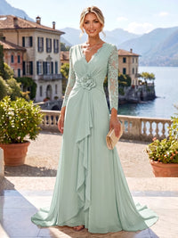 A-Line/Princess V-Neck Chiffon Maxi Mother of the Bride & Groom Dresses with Lace Appliques, Sweep Train, Ruffles, 3D Flowers & Ruched Waist