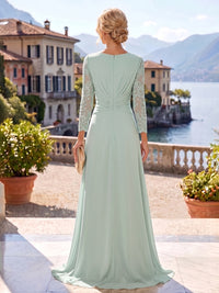 A-Line/Princess V-Neck Chiffon Maxi Mother of the Bride & Groom Dresses with Lace Appliques, Sweep Train, Ruffles, 3D Flowers & Ruched Waist