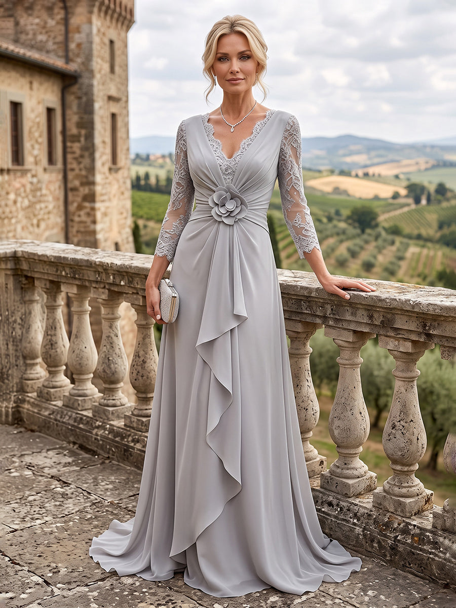 A-Line/Princess V-Neck Chiffon Maxi Mother of the Bride & Groom Dresses with Lace Appliques, Sweep Train, Ruffles, 3D Flowers & Ruched Waist