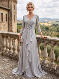 A-Line/Princess V-Neck Chiffon Maxi Mother of the Bride & Groom Dresses with Lace Appliques, Sweep Train, Ruffles, 3D Flowers & Ruched Waist