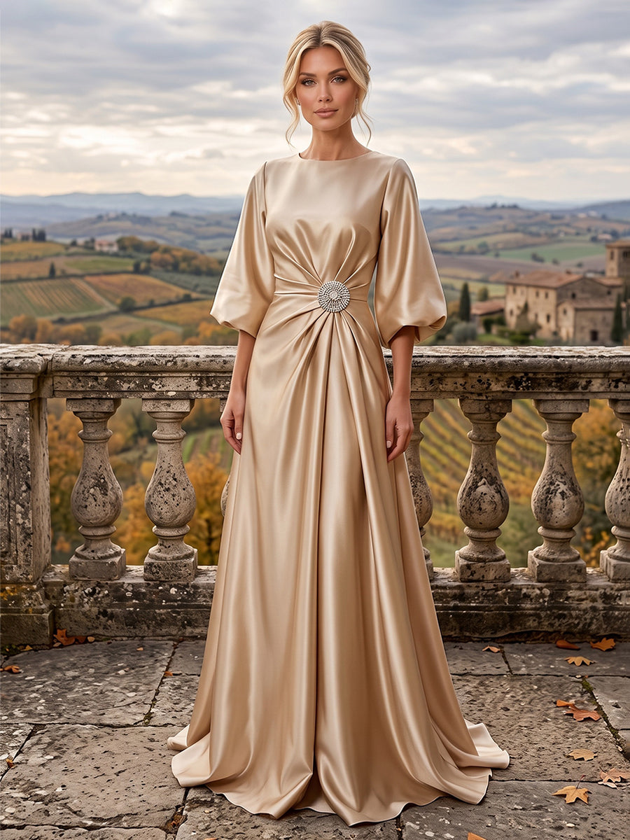 A-Line/Princess Scoop Neck Satin Maxi Mother of the Bride & Groom Dresses with Sweep Train, Ruched Waist & Rhinestones