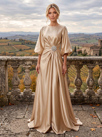 A-Line/Princess Scoop Neck Satin Maxi Mother of the Bride & Groom Dresses with Sweep Train, Ruched Waist & Rhinestones