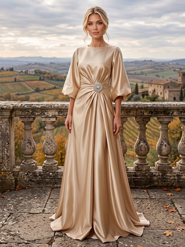 A-Line/Princess Scoop Neck Satin Maxi Mother of the Bride & Groom Dresses with Sweep Train, Ruched Waist & Rhinestones