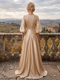 A-Line/Princess Scoop Neck Satin Maxi Mother of the Bride & Groom Dresses with Sweep Train, Ruched Waist & Rhinestones