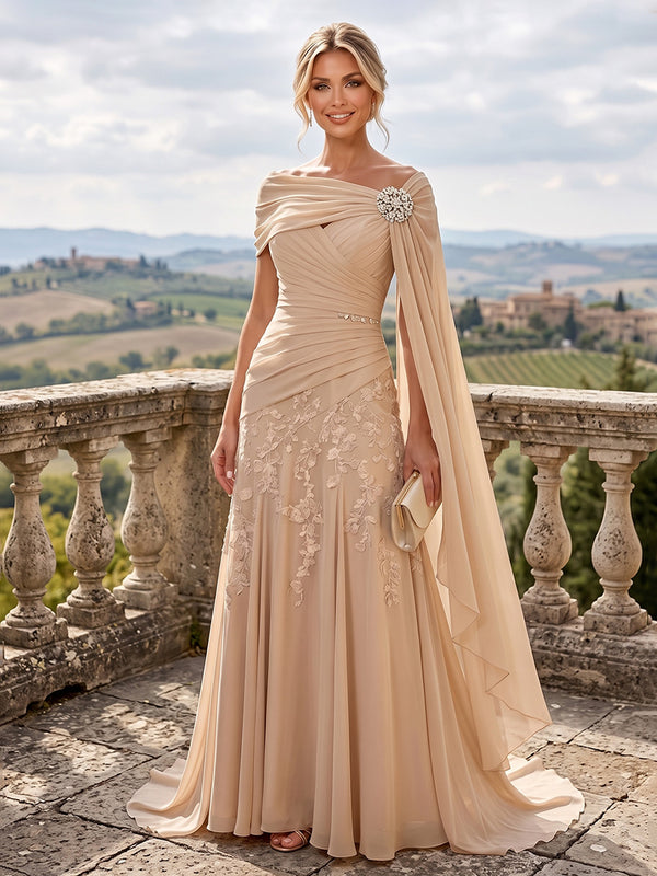 A-Line/Princess Off Shoulder Chiffon Maxi Mother of the Bride & Groom Dresses with Lace Appliques, Rhinestone & Pleats