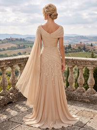 A-Line/Princess Off Shoulder Chiffon Maxi Mother of the Bride & Groom Dresses with Lace Appliques, Rhinestone & Pleats