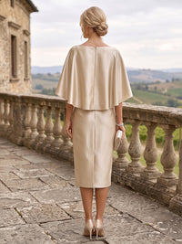 Sheath/Column Scoop Neck Satin Tea-Length Mother of the Bride & Groom Dresses with Ruched Waist & Rhinestones