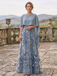 A-Line/Princess Scoop Neck Floral Embroidery Maxi Mother of the Bride & Groom Dresses with Cape
